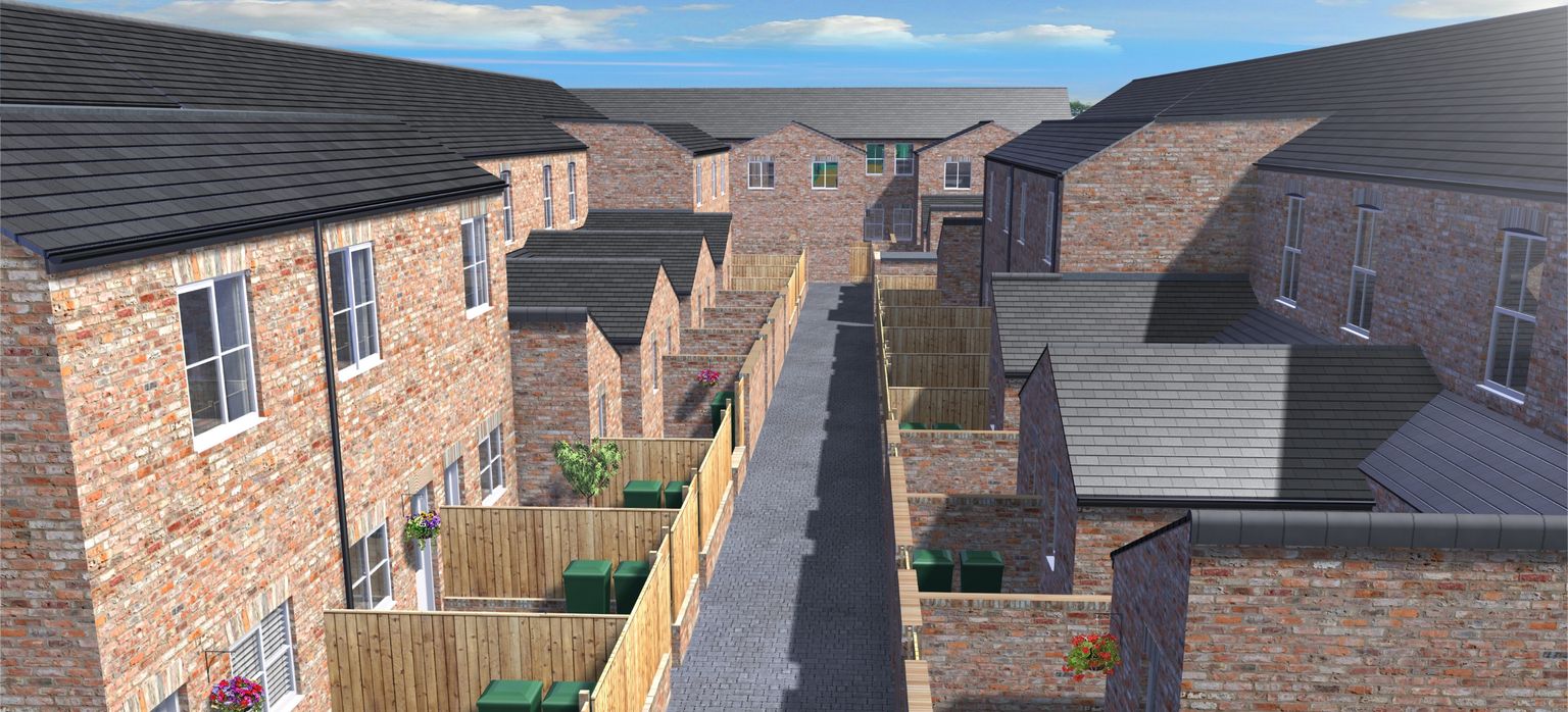 a CGI mockup of the Gresham development showing two rows of small, terraced homes separated by a wide cobbled path
