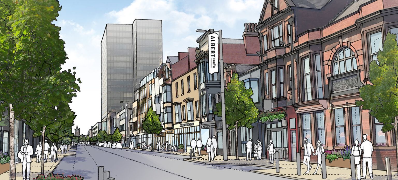 a mockup of the albert north development. the devlopment includes a busy high street made up of traditional terraced buildings with a modern high-rise building in the background. the mockup is in a hand-drawn comic book art style.