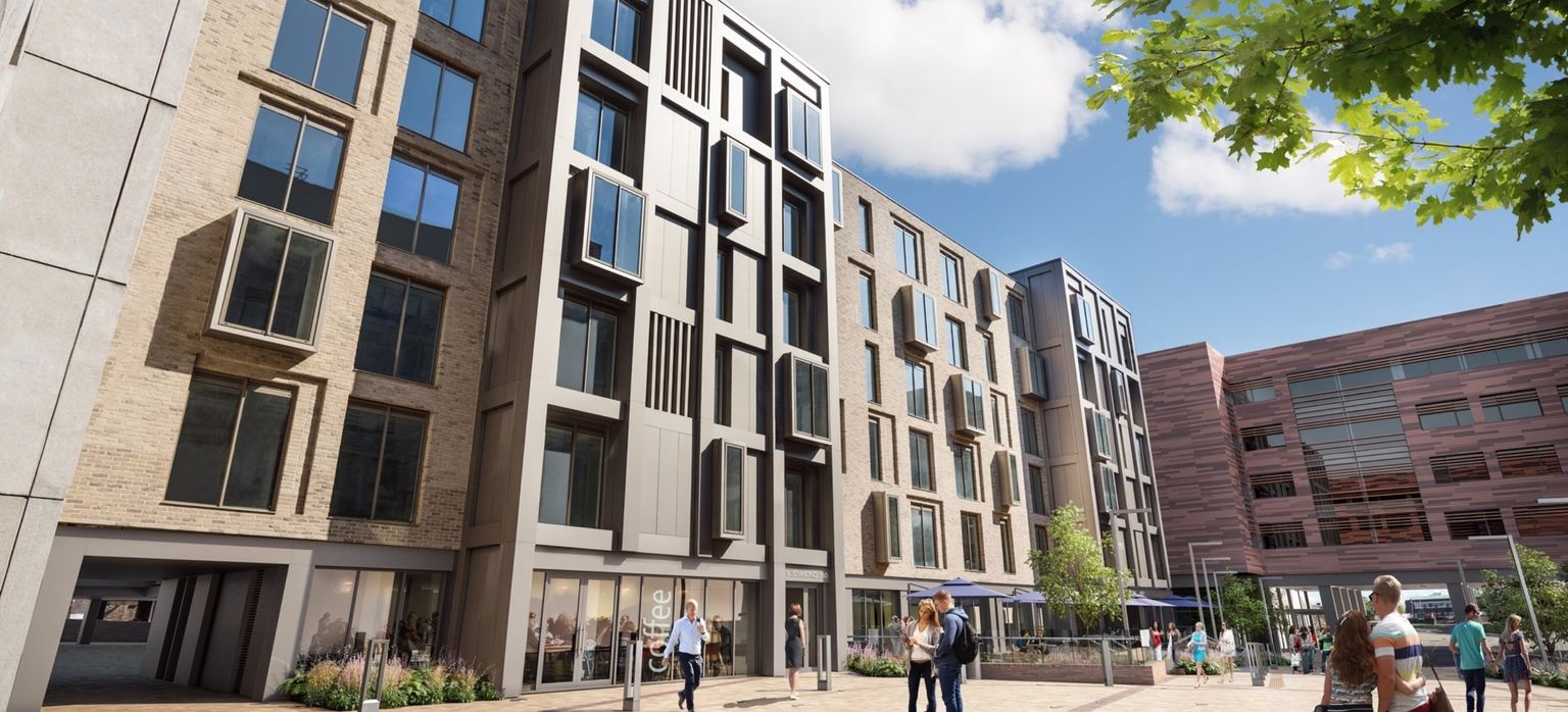 a mockup of Jesmond Three Sixty showing two modern apartment blocks which stand on a busy, pedestrianised area. the ground floor of the apartments are made up of coffee shops and restaurants.