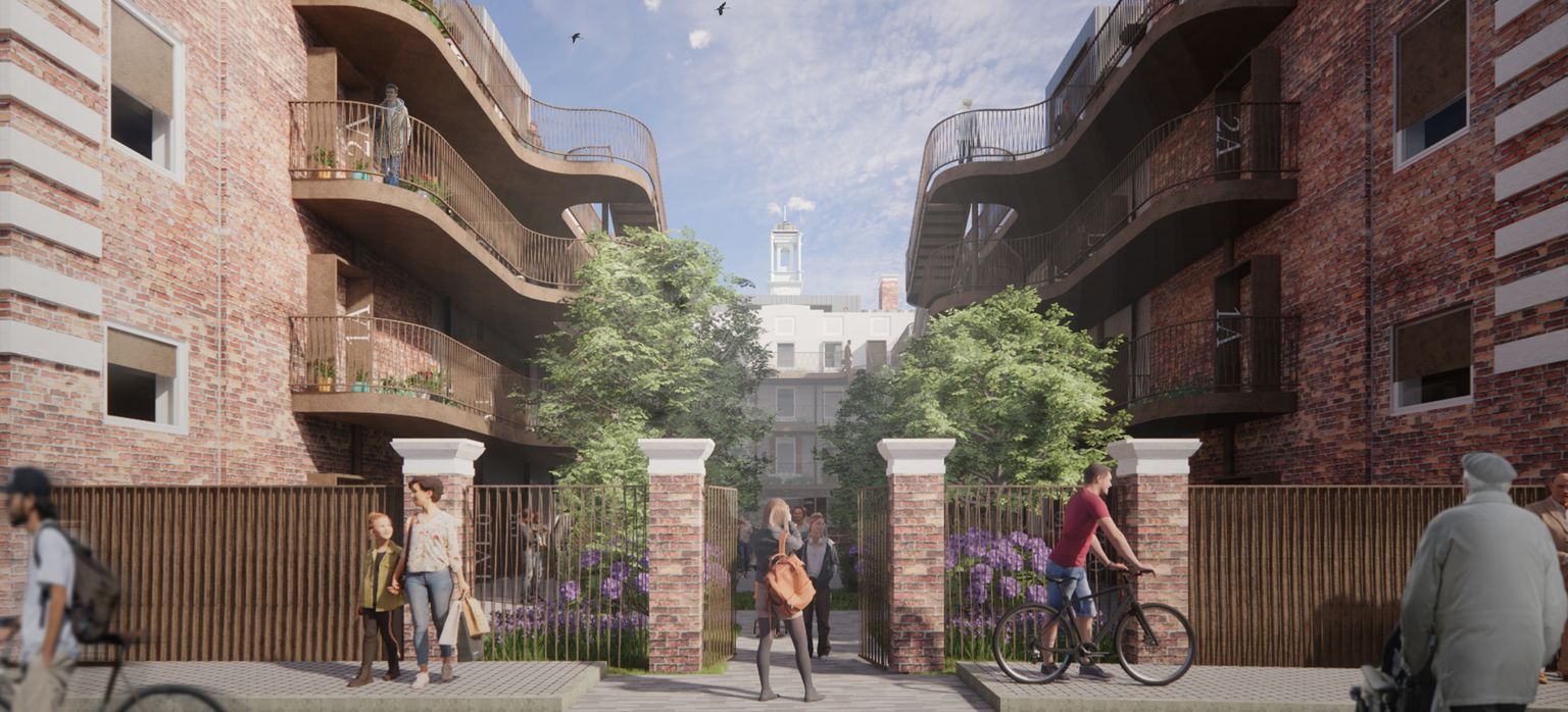 a mockup of the Angel Heights apartment block showing several people going about their day giving the impression of a busy, vibrant community. the development is made up of two main red-brick buildings with curved oxidised-metal balconies. the buildings face one another and are designed to be mirror images of one another giving symmetry to the development and photo.